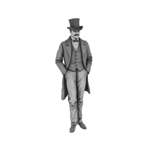 3D model of a Victorian gentleman wearing a top hat, tailcoat, waistcoat, and bow tie, with hands in pockets.