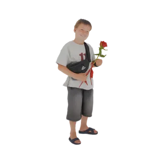 3D model of a smiling young boy holding a red rose, wearing a t-shirt, shorts, and a black sling bag.