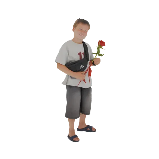 3D model of a smiling boy holding a red rose, wearing a t-shirt, shorts, and a sling bag.
