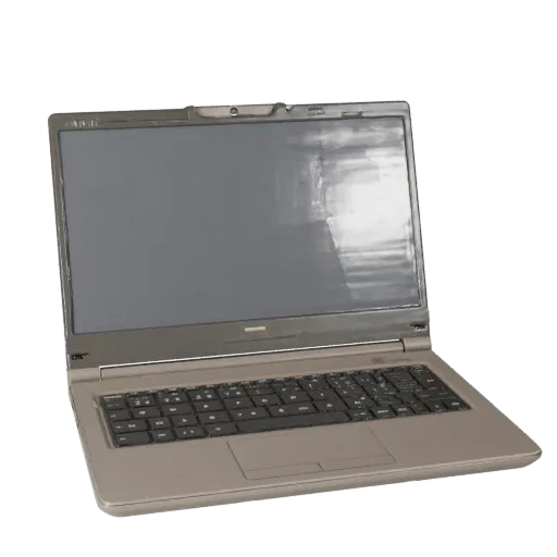 Gaming Laptop Stylized 3D model, stylized isometric render, showing brushed metal, open lid angle.