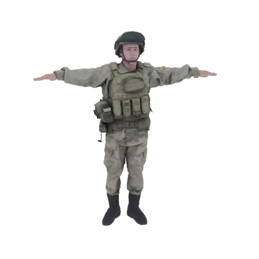 3D model of a soldier in a T-pose, wearing a tactical vest, helmet, and camouflage uniform, with arms outstretched.