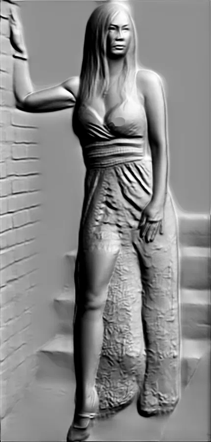 3D model of a bas-relief of a woman in a dress leaning on a brick wall