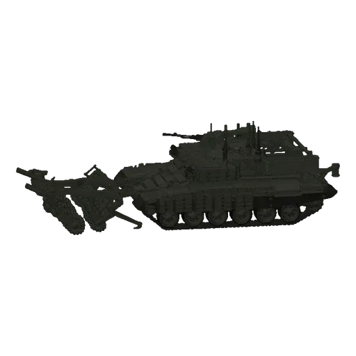 3D model of a grey mine clearing vehicle with a large plow attachment at the front, set against a black background.