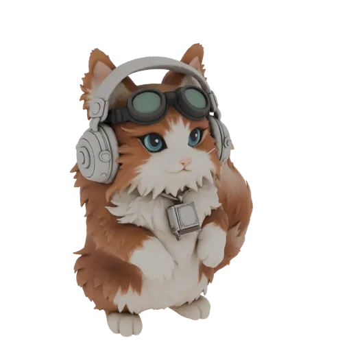 A 3D render of a fluffy orange and white cat wearing aviator goggles and headphones, in a steampunk style.