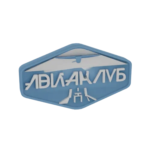 3D model of the Aviaklub emblem with a white biplane and Cyrillic text on a blue hexagonal background.