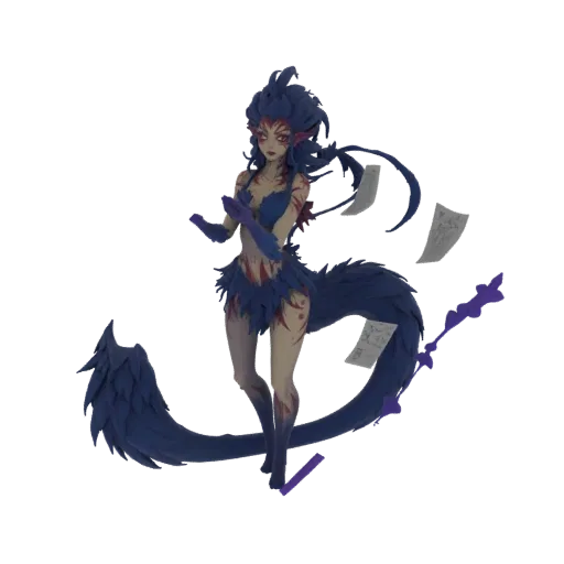 A 3D render of a mystic avian sorceress with blue feathers, red markings, and a long, flowing tail, posed dynamically.