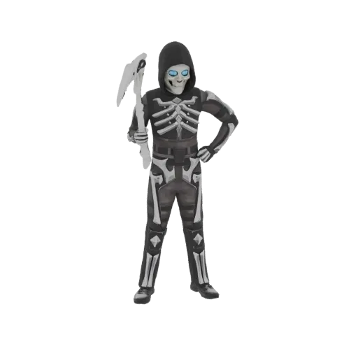 3D model of a Grim Reaper skeleton character wearing a dark costume and holding a scythe, with glowing blue eyes.