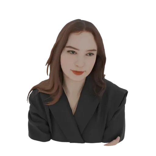 Modello 3D di donna elegante con capelli castani che indossa un blazer nero, guarda con sicurezza in avanti.