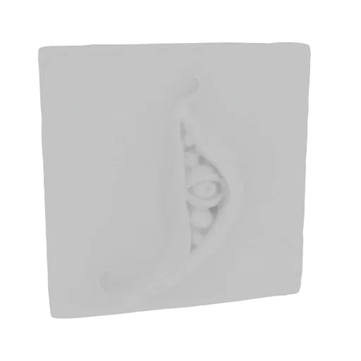 3D model of a surreal sculpture featuring a realistic eye emerging from a stylized, open mouth-like form, rendered in a monoc