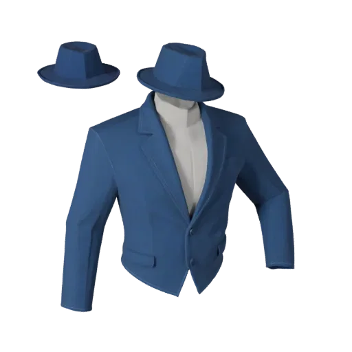 Formal Jacket Low Poly 3D model, game viewport three-quarter view, showing cloth weave, wearable drape.