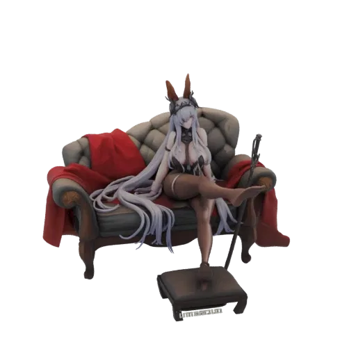 3D model of an elegant queen with long white hair, wearing a dark outfit, sitting on a detailed sofa with a red blanket, hold