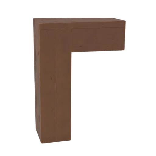3D-Modell eines braunen L-förmigen Eckprofils mit Holzmasertextur, vor weißem Hintergrund.