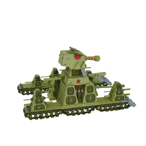 3D model of a Soviet-inspired multi-turret heavy tank with a large central cannon and red star insignia, set against a black