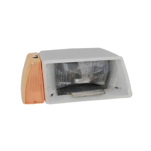 3D-Modell eines Oldtimer-Autoscheinwerfers mit klarer Linse und orangem Blinker links, vor schwarzem Hintergrund.