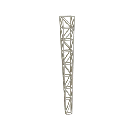 3D model of a tapered lattice tower with a geometric, open framework, narrowing from base to top.