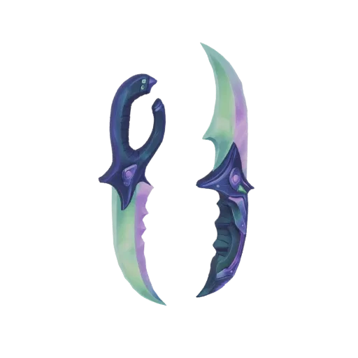 A 3D render of two cosmic daggers with iridescent purple and green blades and dark, alien-inspired handles.