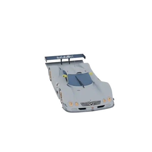 3D model of a silver Mercedes-Benz CLK GTR LM race car with a large rear wing, viewed from a three-quarter front angle.