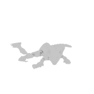 A 3D render of a scorpion skeleton, viewed from a slightly elevated side angle against a black background.