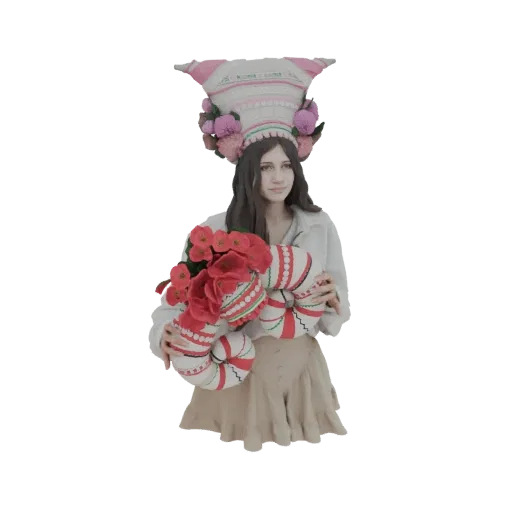 3D model of a young Ukrainian woman wearing a tall, ornate headdress and holding a bouquet of red flowers.
