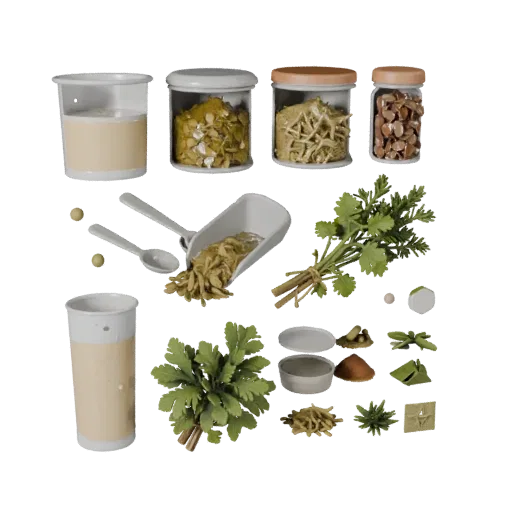 Fresh Herb Bundle 3D model, three-quarter front view, Unity viewport, showing powders, small ingredient shapes.