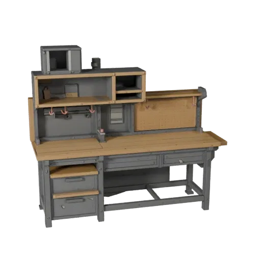 Maker Workbench Stylized 3D model, stylized isometric render, showing steel frames, stable fixtures.