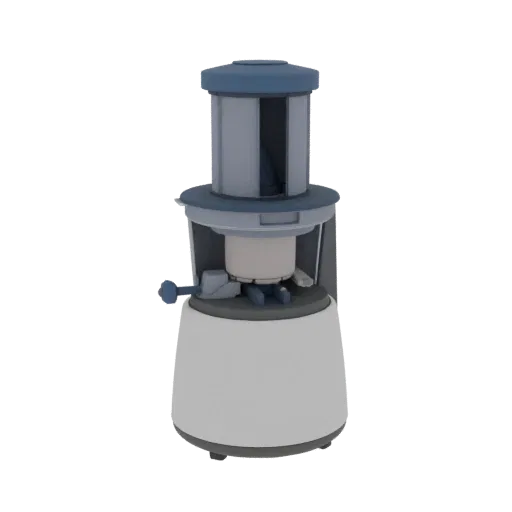 3D model of a retro juicer with a blue top and white body, detailed and stylized.
