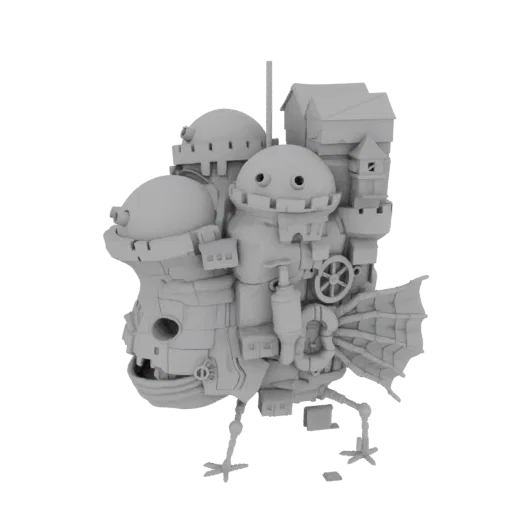 A detailed 3D render of a whimsical steampunk mechanical birdhouse with large eyes, gears, and pipes, set against a black bac