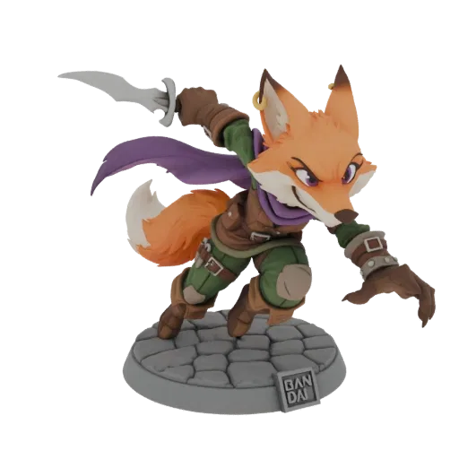 3D model of an anthropomorphic fox rogue character in a dynamic pose, holding a dagger, standing on a cobblestone base.