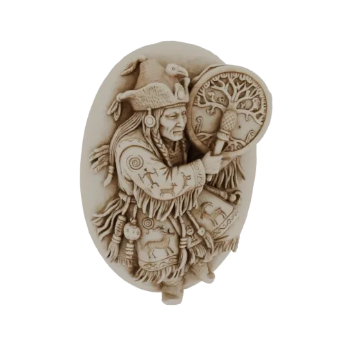 3D model of a Native American shaman in traditional attire, playing a drum with a tree of life carving, presented as a wall p