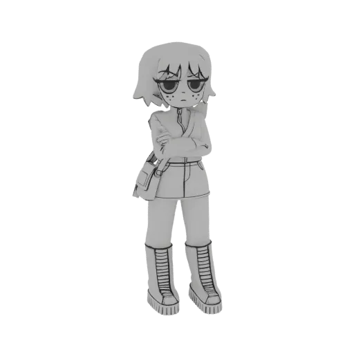 3D model of a stylized anime girl with short brown hair, freckles, arms crossed, wearing a jacket, skirt, and boots, against