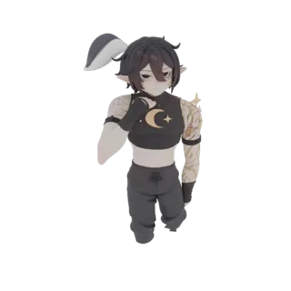 3D-Modell eines Anime-Elfenjungen mit Hasenohren, der ein Mond-Crop-Top und dunkle Hosen trägt, mit goldenen Armmarkierungen.