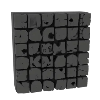 A 3D render of a grid of dark, weathered wood blocks with visible cracks and imperfections, set against a white background.