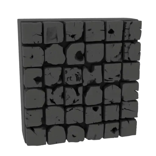 A 3D render of a grid of dark, weathered wood blocks with visible cracks and imperfections, set against a white background.
