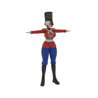 3D-Modell einer weiblichen Spielzeugsoldatin mit Skelettkopf, in roter Jacke und blauer Hose, in T-Pose.