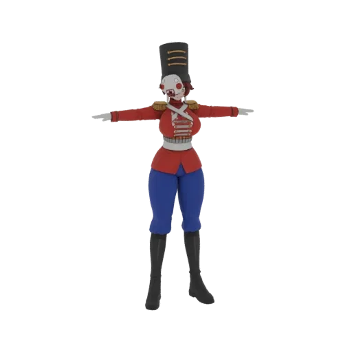 3D model of a female toy soldier with a skeleton face, wearing a red jacket and blue pants, in a T-pose.