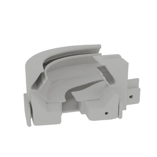 3D model of a futuristic turbine component with internal vanes and mounting points, rendered in a neutral gray material.