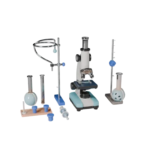 Chemistry Microscope Stylized 3D model, stylized isometric render, showing glass, recognizable lab forms.