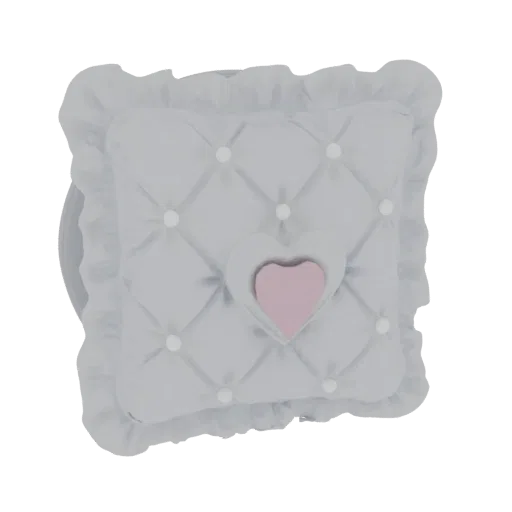 A 3D render of a white tufted throw pillow with a ruffled edge and a pink heart applique in the center.