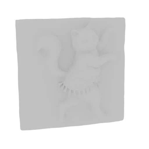 3D model of a white cat in a dancing pose, wearing a decorative skirt with tassels.