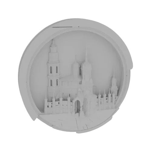 Modelo 3D de una iglesia ortodoxa presentado en relieve circular, con cúpulas de cebolla, entradas arqueadas y fachadas detal