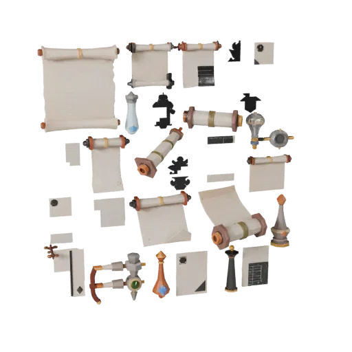 Fantasy Scroll Bundle Low Poly 3D model, game viewport three-quarter view, showing paper-like cards, form detail.