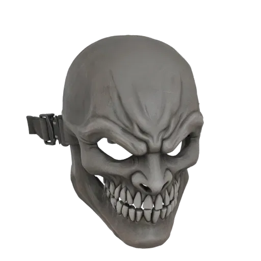 A grey 3D model of a scary skull mask with sharp teeth and a menacing expression, shown from a side angle.
