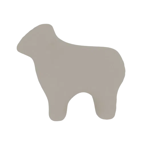 A 3D render of a minimalist, beige sheep-shaped pillow, presented in a side profile against a white background.