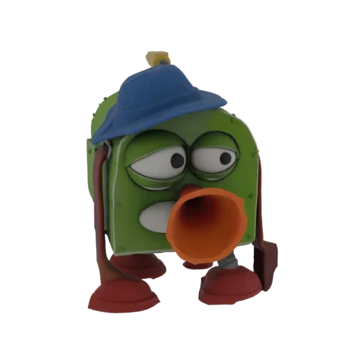 3D model of a sad green robot with a blue hat, orange nose, and red plunger feet, viewed from the front.