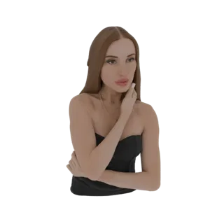 3D model of an elegant woman with long brown hair wearing a black strapless dress, posed with her hand near her face.