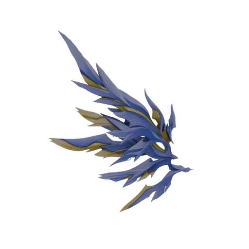 3D model of an ornate, stylized wing with sharp blue feather-like segments and shimmering gold accents.