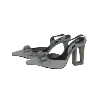 Modelo 3D de tacones de aguja slingback azul claro con punta fina, hebilla de cristal y tacón de bloque geométrico, sobre un