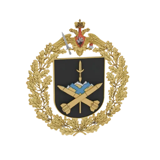 3D model of a Russian military emblem with a golden oak wreath, crossed missiles, a sword, and an eagle crest.
