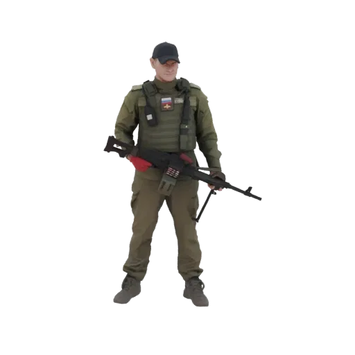 3D model of a Russian soldier in tactical gear holding a machine gun, isolated on a white background.