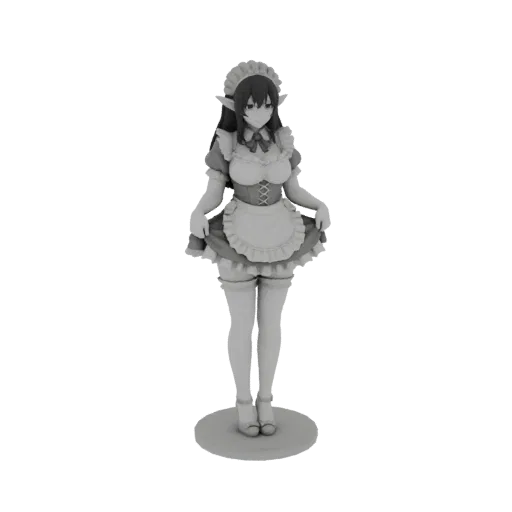 3D model render of an elf maid character wearing a classic maid outfit with pointed ears and a frilled apron, standing on a circular base.